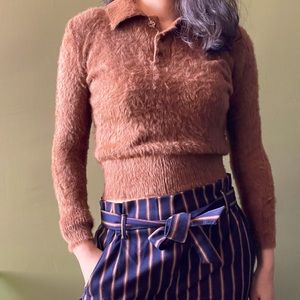 Zara caramel fuzzy polo pullover sweater